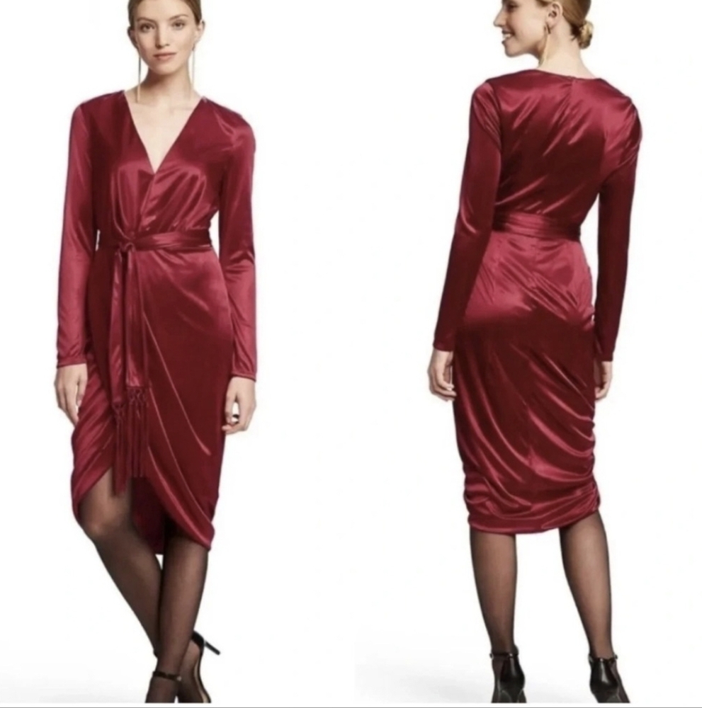 New Altuzarra Target Burgundy Red Long Sleeve Satin Faux Wrap Midi Dress Size 14